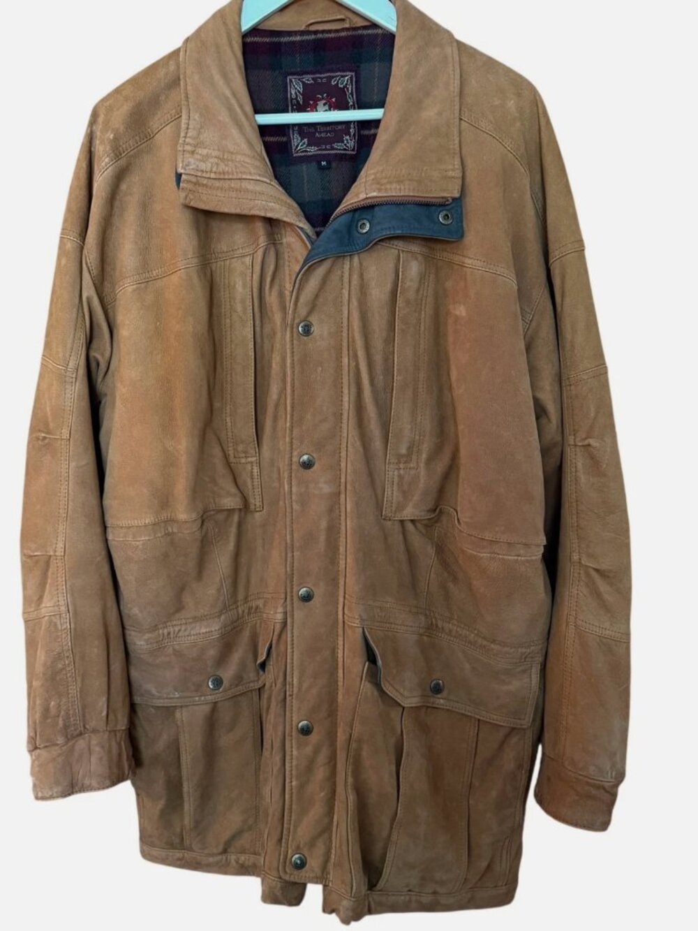 Vtg Territory Ahead Brown Leather Barn Field Coat Plaid Flannel Lined Men size M